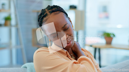 Image of Home, neck pain and black woman on sofa with stress, muscle cramp and injury in living room. Medical accident, burnout and upset person massage shoulders for inflammation, strain and tendinitis