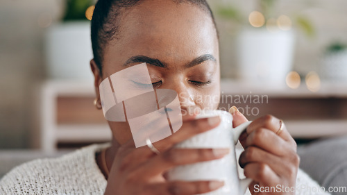 Image of Black woman, meditation and peace with coffee in hands and relax at home, future and mindfulness. Stress free, warm drink and dream, inspiration and self care, calm in lounge and tea for wellness