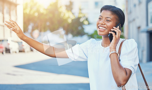 Image of Phone call, travel and taxi with a black woman in the city during a summer commute on the street or sidewalk. Mobile, wave and transport with a happy young person outdoor on a road in an urban town