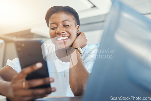 Image of Phone, office and happy business woman with laptop on break for social media, internet and online chat. Corporate, workplace and person on smartphone and computer for website, research and networking