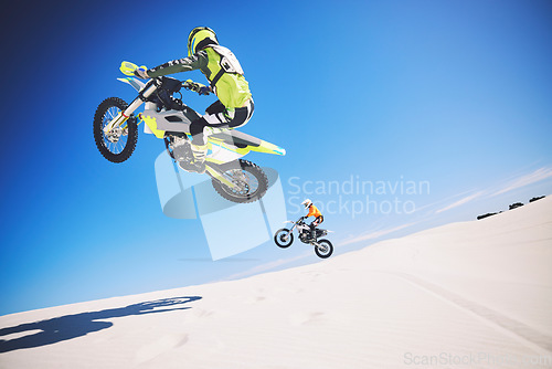 Image of Motorbike, people and sports with fitness, competition and training with safety, desert and workout. Athletes, sand and bikers with mockup, practice and cycling with exercise, challenge and energy