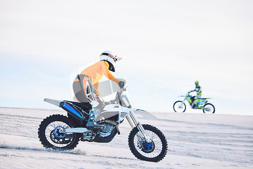 Image of Motorcycle, desert and moto sport fitness with men outdoor on hill with race, journey and adventure. Extreme, sand and motorbike challenge of biker people with driving exercise and training in Dubai
