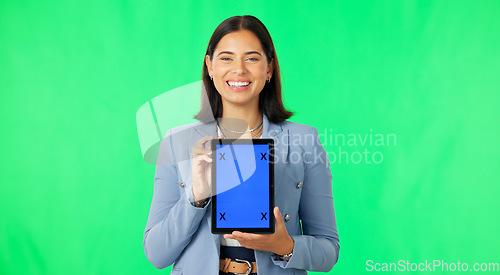 Image of Green screen portrait, business tablet and happy woman presentation of logo design, web promo or corporate brand. Tracking markers, mockup space or person show company media info on studio background