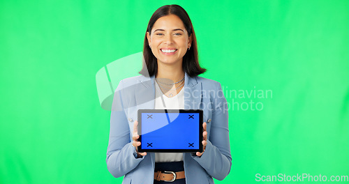 Image of Green screen portrait, tablet and professional happy woman presentation of agency news, commercial or network brand. Tracking markers, mockup data space and agent web information on studio background