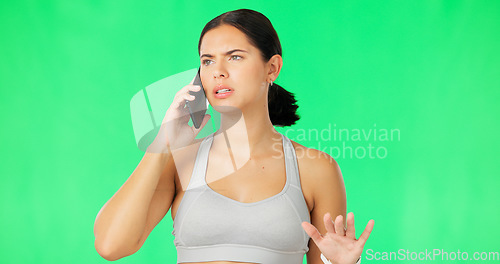 Image of Fitness, phone call and green screen woman with problem, frustrated and stress over gym crisis, membership mistake or fail. Cellphone, workout risk and angry athlete consulting on studio background