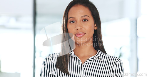 Image of Mockup space, office and portrait of business woman for professional mindset, ambition and empowerment. Workplace, corporate worker and face of person for career opportunity, job and work for company