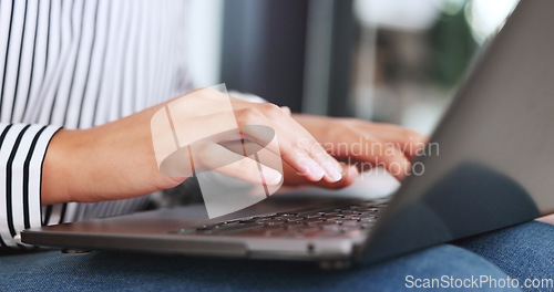 Image of Person, hands and typing on laptop in office, report and proposal or email, research and review on agenda. Business employee, project and analysis of information on technology, digital or pc closeup