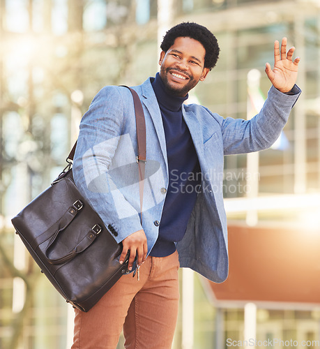 Image of Hand, wave and man in city for taxi, transportation commute travel on street in cbd for business, office or buildings. Businessman, sign and call attention of cab, driver and vehicle service in town