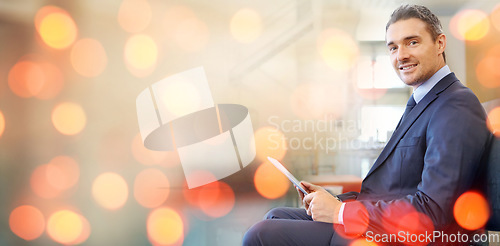 Image of Portrait, banner and man with a tablet, business and connection with research, project and search internet. Happy person, employee and consultant with technology, entrepreneur and website information