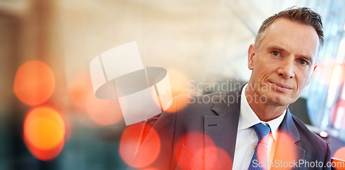 Image of Bokeh, mockup and man in office with confidence, lights and startup business portrait. Boss, ceo and businessman at work with graphic, overlay and pride at digital agency with space for information.