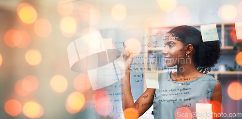 Image of Black woman, writing on glass board and banner for planning or brainstorming ideas, sticky note and project agenda. Schedule, strategy and innovation in office, bokeh and mockup space with goals