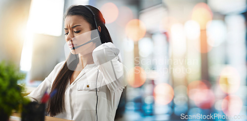 Image of Tired woman, call center and neck pain in customer service, support or telemarketing on bokeh background at office. Frustrated female person, consultant or agent for injury, ache or stress and banner