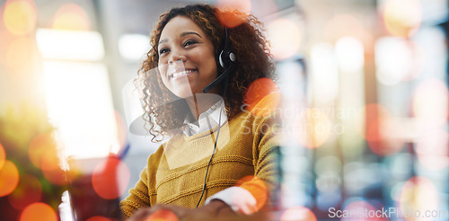 Image of Happy woman, call center and customer service on bokeh background for telemarketing or online advice at office. Female person, consultant or agent smile for virtual assistance, help or support