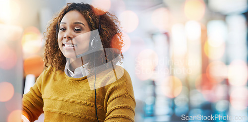 Image of Happy woman, call center and headphones on bokeh background in customer service or telemarketing at office. Female person, consultant or agent smile for online advice, help or virtual assistance