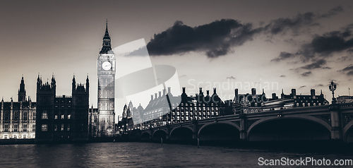 Image of Big Ben and Westminster at dusk, London, UK.