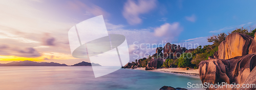 Image of Dramatic sunset at Anse Source d'Argent beach, La Digue island, Seychelles