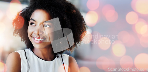 Image of Bokeh, thinking and woman with a smile, business and opportunity with planning, solution and problem solving. Person, happy worker and consultant with overlay, brainstorming and decision with choice