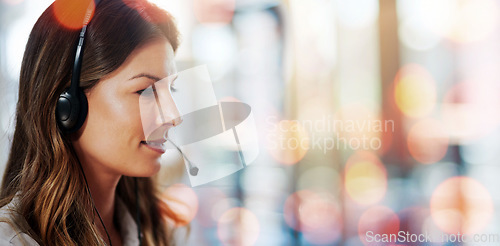 Image of Call center, customer support and woman in office with bokeh for crm telemarketing consultation. Mockup space, contact us and professional female technical service agent from Australia in workplace.