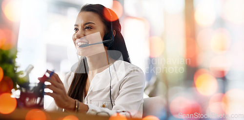 Image of Call center, consultation and woman in office with bokeh for online crm telemarketing discussion. Mockup space, contact us and professional female technical support agent with headset in workplace.