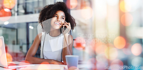 Image of Phone call, bokeh and business woman in office in discussion for b2b deal, agreement or merge. Technology, smile and professional African female hr on mobile conversation with cellphone in workplace.