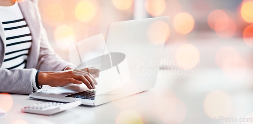 Image of Laptop, working and business woman by bokeh with document for accounting budget research project. Technology, calculator and closeup of professional female accountant typing on computer in workplace.