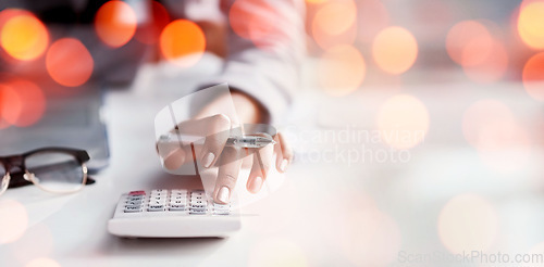 Image of Business hands, calculator and planning of finance, accounting and check profit, sales or revenue in office bokeh. Accountant or woman for bookkeeping numbers, math and taxes or debt on banner mockup