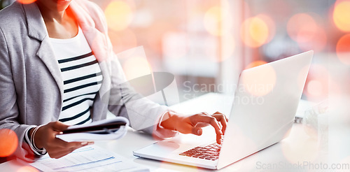 Image of Laptop, bokeh and business woman typing with document for accounting budget research project. Technology, notebook and closeup of professional female accountant working on computer in workplace.