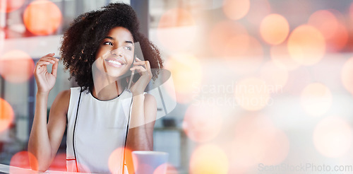 Image of Phone call, communication and business woman with bokeh in office for discussion on b2b deal, agreement or merge. Technology, smile and young African female hr on mobile conversation in workplace.