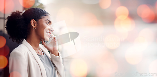 Image of Phone call, bokeh and business woman in the city for discussion on b2b deal, agreement or merge. Technology, smile and professional African female hr on mobile conversation with cellphone in town.