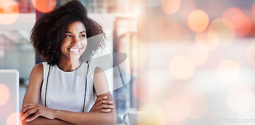 Image of Banner, thinking and woman with arms crossed, business and opportunity with planning, brainstorming and problem solving. Person, worker and consultant with overlay, startup and decision with choice