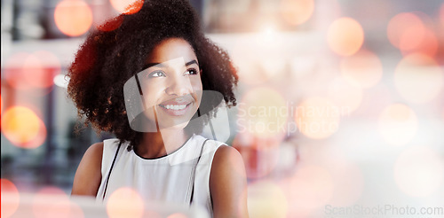 Image of Banner, thinking and woman with smile, employee or opportunity with decision, solution or problem solving. Person, worker or consultant with overlay, brainstorming or productivity with choice or idea