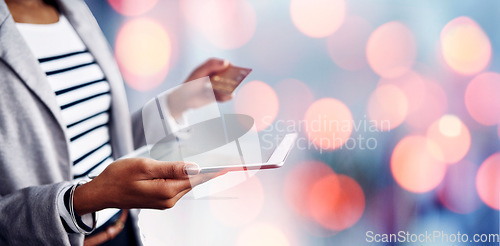 Image of Woman, hands and tablet with credit card for online banking, payment or ecommerce on bokeh background. Closeup of female person with debit, technology and bank app for transaction, purchase or buying