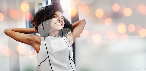 Image of Business, woman and stretching in office for relax, creative idea and mindset with bokeh or smile. Professional, employee or thinking of work ideas, inspiration and planning with insight or happiness