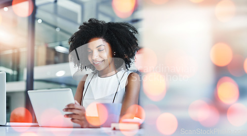 Image of Business woman, tablet and office planning, online marketing and research or website management. Professional african worker with social media report or digital technology and bokeh overlay or space