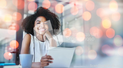 Image of Portrait, bokeh and woman with a tablet, business and connection with research, data analytics and search internet. Happy person, employee or consultant with technology, worker or website information