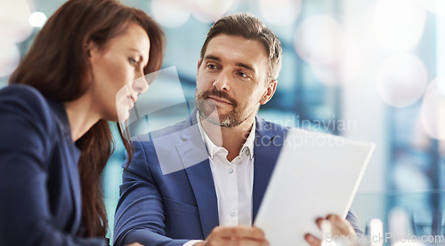 Image of Banner, business people and manager with employee, tablet and accountant with investment, internet and planning. Staff, man or woman with technology, trading and stock market with connection or email
