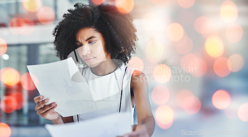 Image of Business woman, documents and confused or reading financial report of budget, accounting or payroll information. African worker or accountant with invoice paperwork or debt in bokeh overlay or mockup