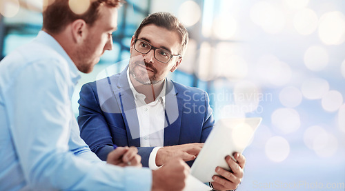 Image of Cooperation, business people and manager with employee, tablet and accountant with investment, internet and teamwork. Banner, ideas or men with technology, trading and stock market with brainstorming