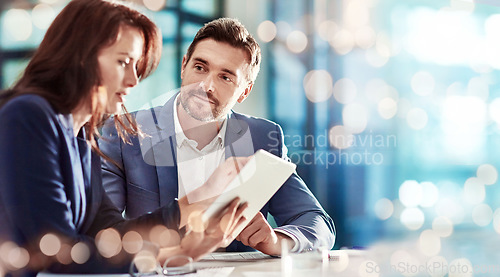 Image of Teamwork, business people or manager with consultant, tablet or accountant with investment, cooperation or finance. Internet, man or woman with tech, trading or stock market with connection or budget