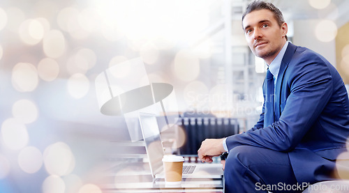 Image of Business, thinking and man with a laptop, banner and ideas with connection, brainstorming and planning. Person, employee and accountant with internet, pc or email with network and website information