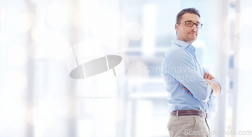 Image of Pride, mockup and businessman in office with arms crossed, bokeh and information for startup business. Smile, confidence and happy man in management at digital agency with space for entrepreneurship.