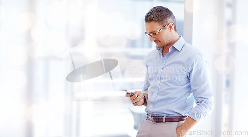 Image of Consultant, man and banner with a cellphone, typing and connection with internet, social media or planning. Person, employee or worker with smartphone, business or email notification with internet