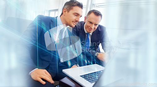 Image of Overlay, business people and manager with employee, laptop and accountant with financial planning, internet or hologram. Staff, investor or men with trading, pc or stock market with feedback or email