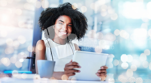 Image of Portrait, banner and woman with a tablet, employee and connection with research, bokeh and website information. Happy person, worker or consultant with technology, entrepreneur and email notification