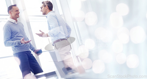 Image of Business men, discussion or meeting with banner, bokeh and mockup, corporate communication and chat. Conversation, advice and friends in the workplace with employees talking in professional space