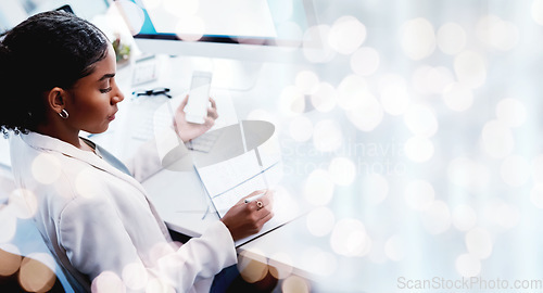 Image of Bokeh, mockup and woman in office with notes, phone and online research for startup business info. Thinking, ideas and businesswoman at desk with notebook, schedule and agenda at digital agency space