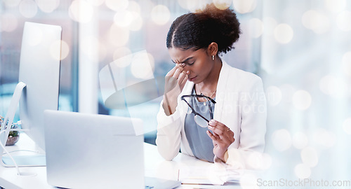 Image of Frustrated business woman, laptop and headache in mistake, stress or anxiety on bokeh background at office. Female person or employee with pain, strain or overworked pressure in burnout at workplace