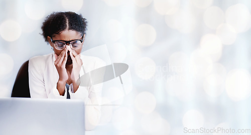 Image of Business woman, vision fail or headache with burnout, laptop for research with banner and mockup space. Bokeh, African consultant with migraine and stress at workplace, pain or sick with health issue