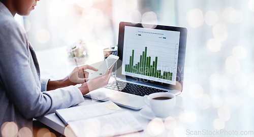 Image of Business hands, data and phone or computer screen for stock market, analytics and graphs of financial increase. Analyst or person typing on mobile for laptop stats, profit or growth in bokeh overlay
