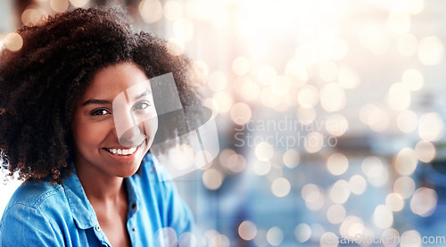 Image of Bokeh, mockup and portrait of happy woman in office with smile, confidence and administration at startup business. Face, pride and businesswoman in recruitment at agency with space, lights and career